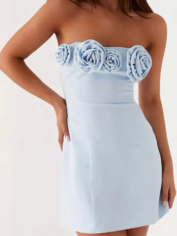 MQTIME  -  Elegant Strapless Sleeveless Slim Fit Mini Dress Women Fashion Flower Dimensional Solid Party Dress Sexy Backless Wrap Hip Dress